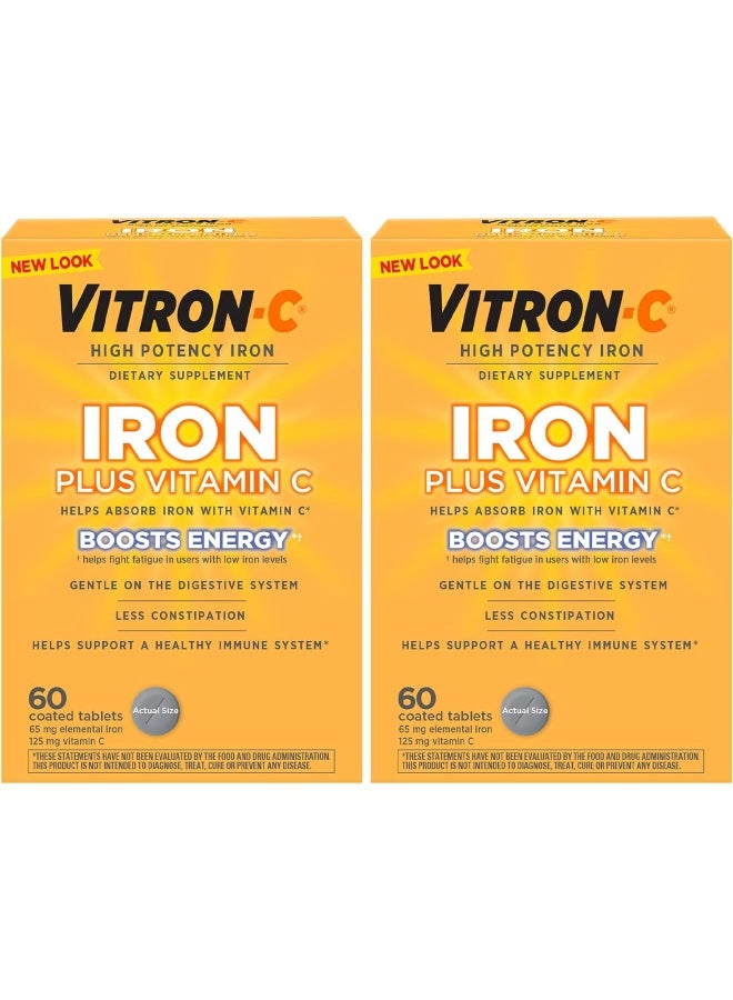 Vitron-C Iron Supplement, Once Daily, High Potency Iron Plus Vitamin C, Support Red Blood Cell Production, Dye Free Tablets, 60 Count, 2 Pack - Image 1